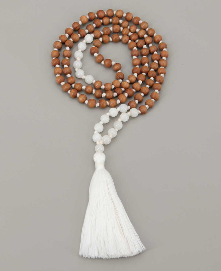Sandalwood and White Moonstone 108 Beads Meditation Mala, Knotted -