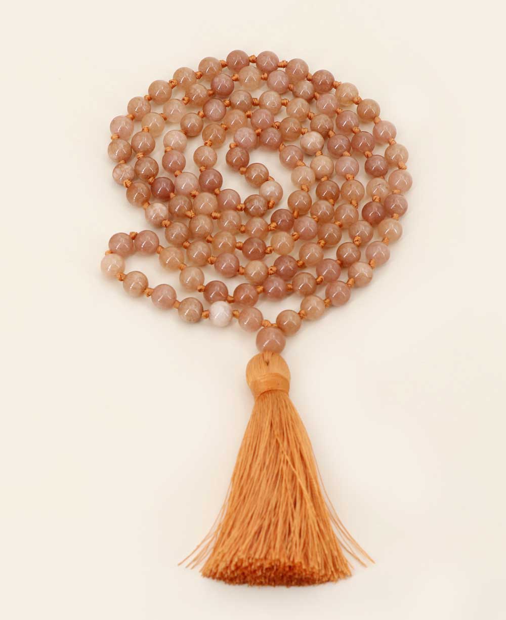 Serene Peach Moonstone Beads Meditation Knotted Mala - Prayer Beads 6mm