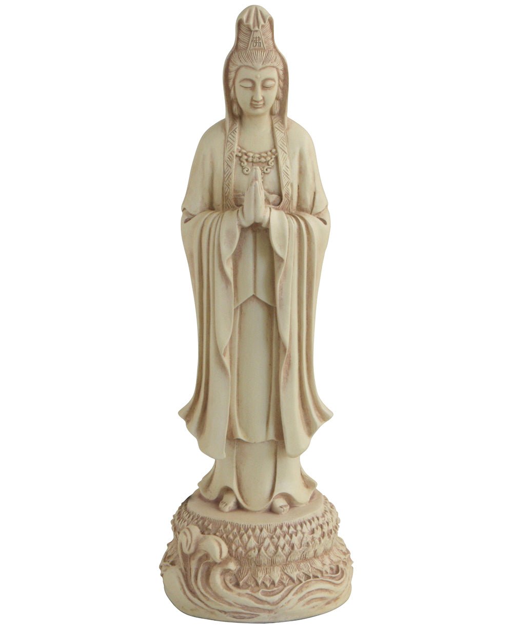 Serene Praying Kuan Yin Statue in Stone Finish - Statues