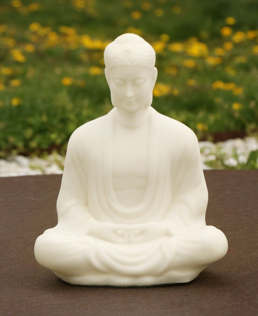 Sitting Garden Buddha Statue in Pearl White, 21 Inches Tall - Sculptures & Statues