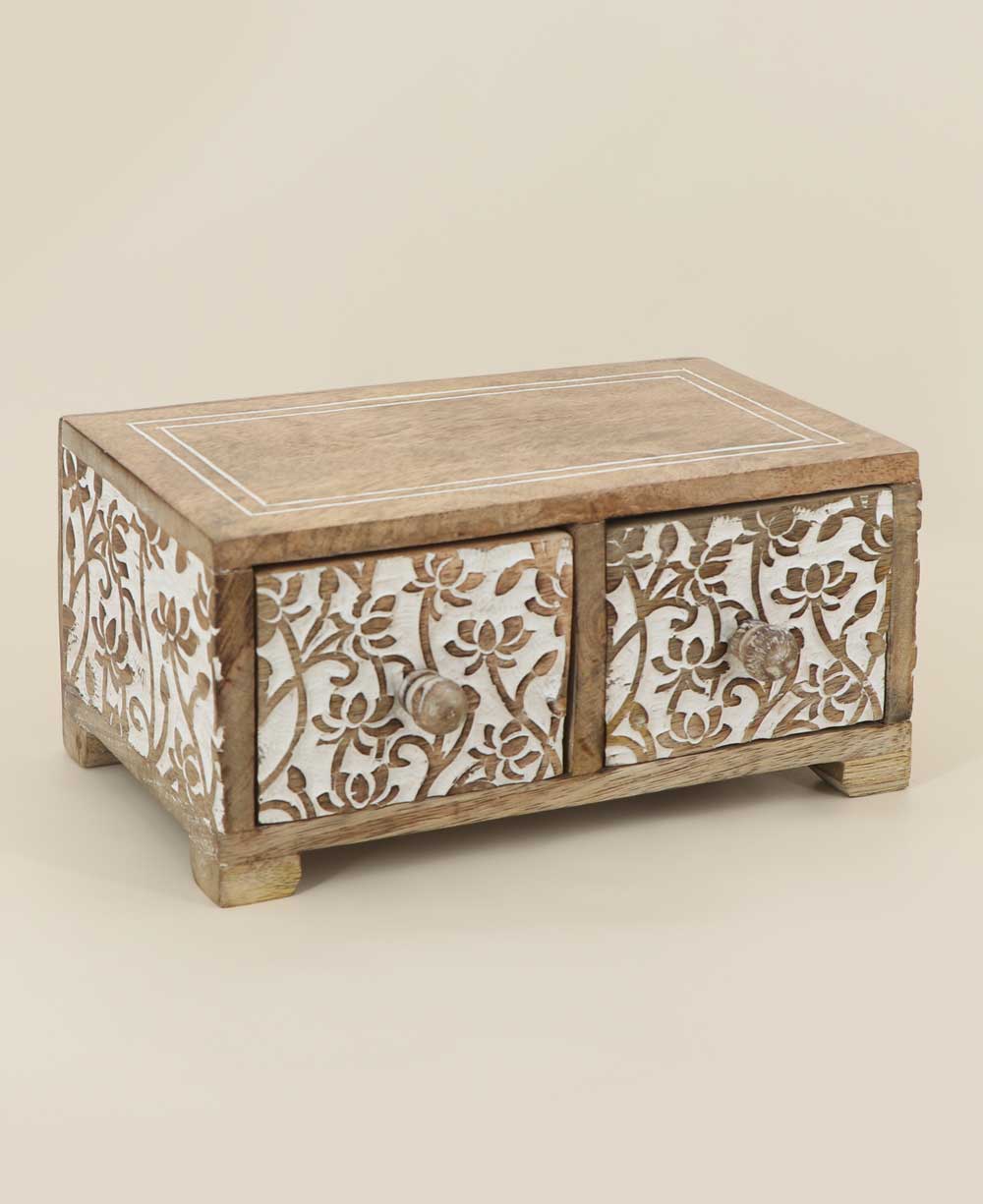Small Tabletop Carved Wood Lotus Pedestal Riser With Drawers - Computer Risers & Stands - -