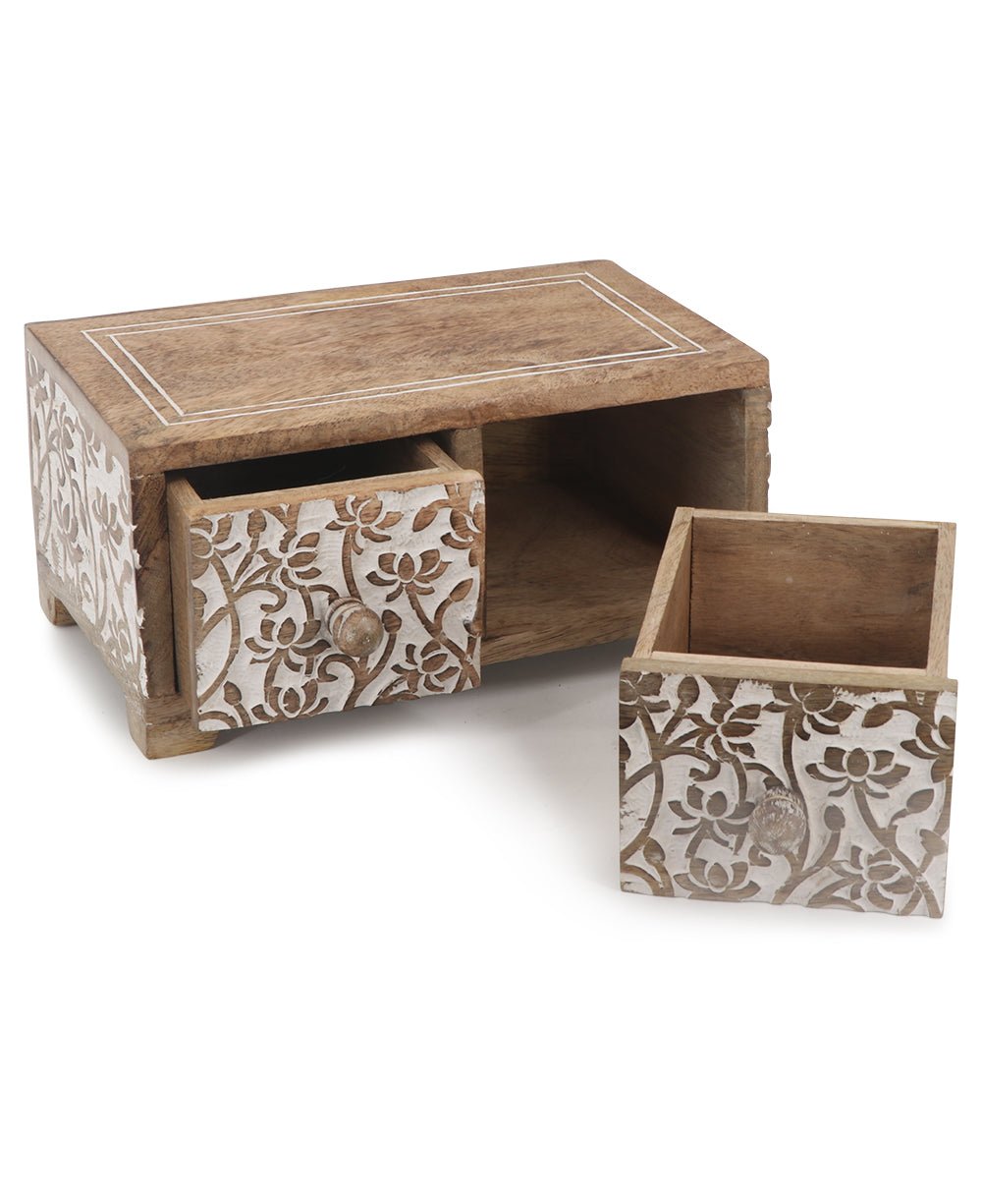 Small Tabletop Carved Wood Lotus Pedestal Riser With Drawers - Computer Risers & Stands - -