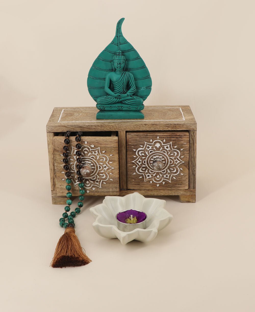 Small Tabletop Carved Wood Mandala Pedestal Riser With Drawers - Computer Risers & Stands - -