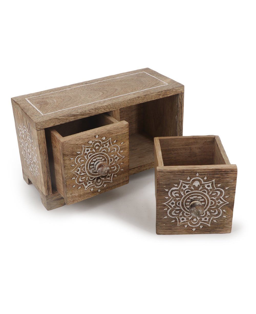 Small Tabletop Carved Wood Mandala Pedestal Riser With Drawers - Computer Risers & Stands - -