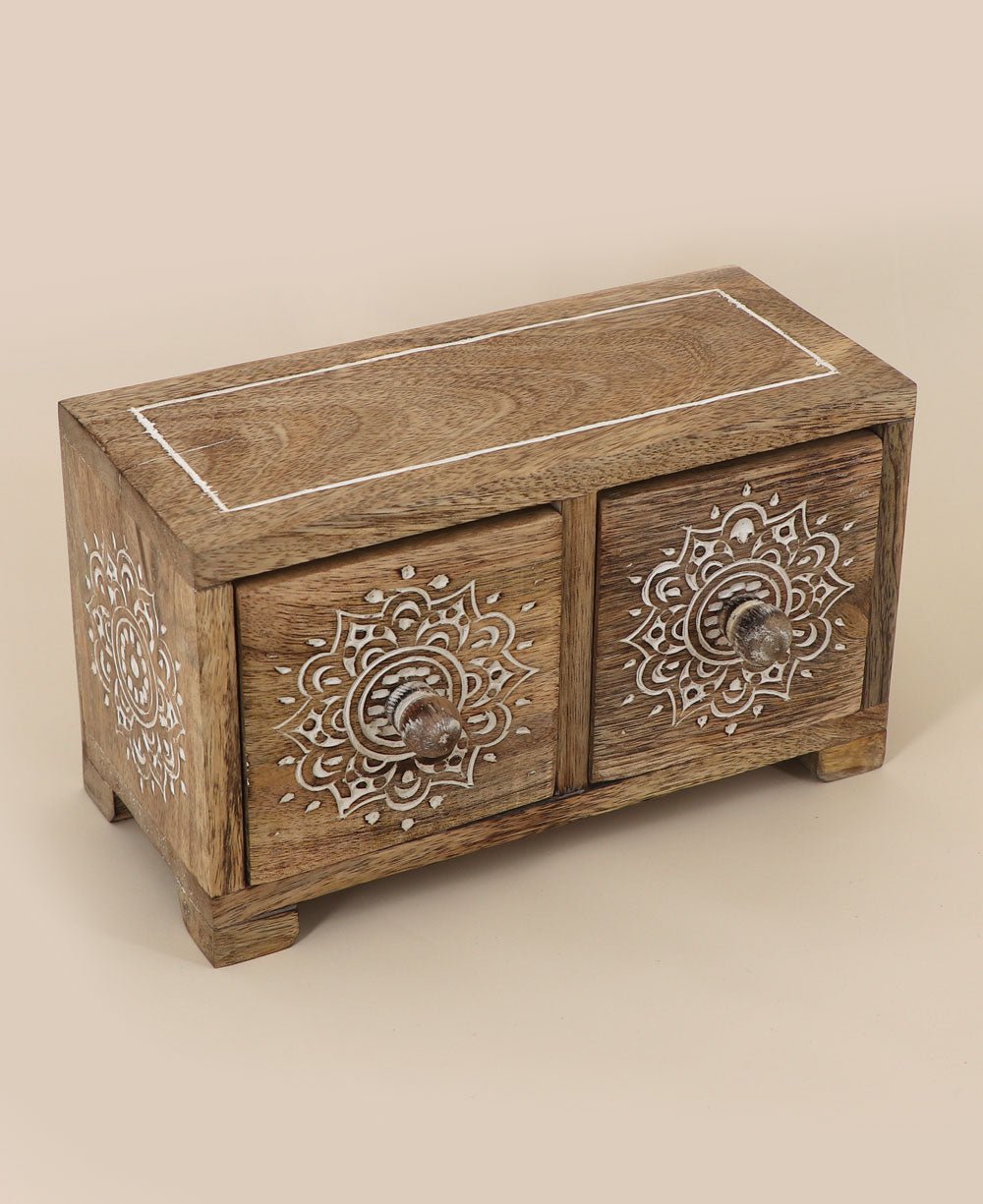 Small Tabletop Carved Wood Mandala Pedestal Riser With Drawers - Computer Risers & Stands - -