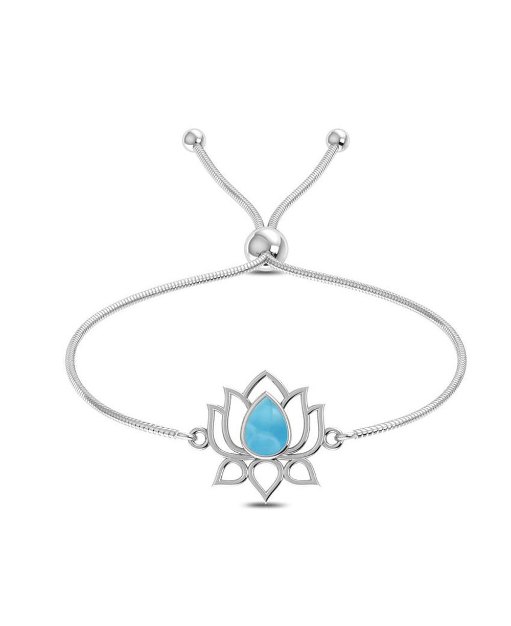 Sterling Silver Adjustable Lotus Bolo Bracelet with Larimar Gemstone