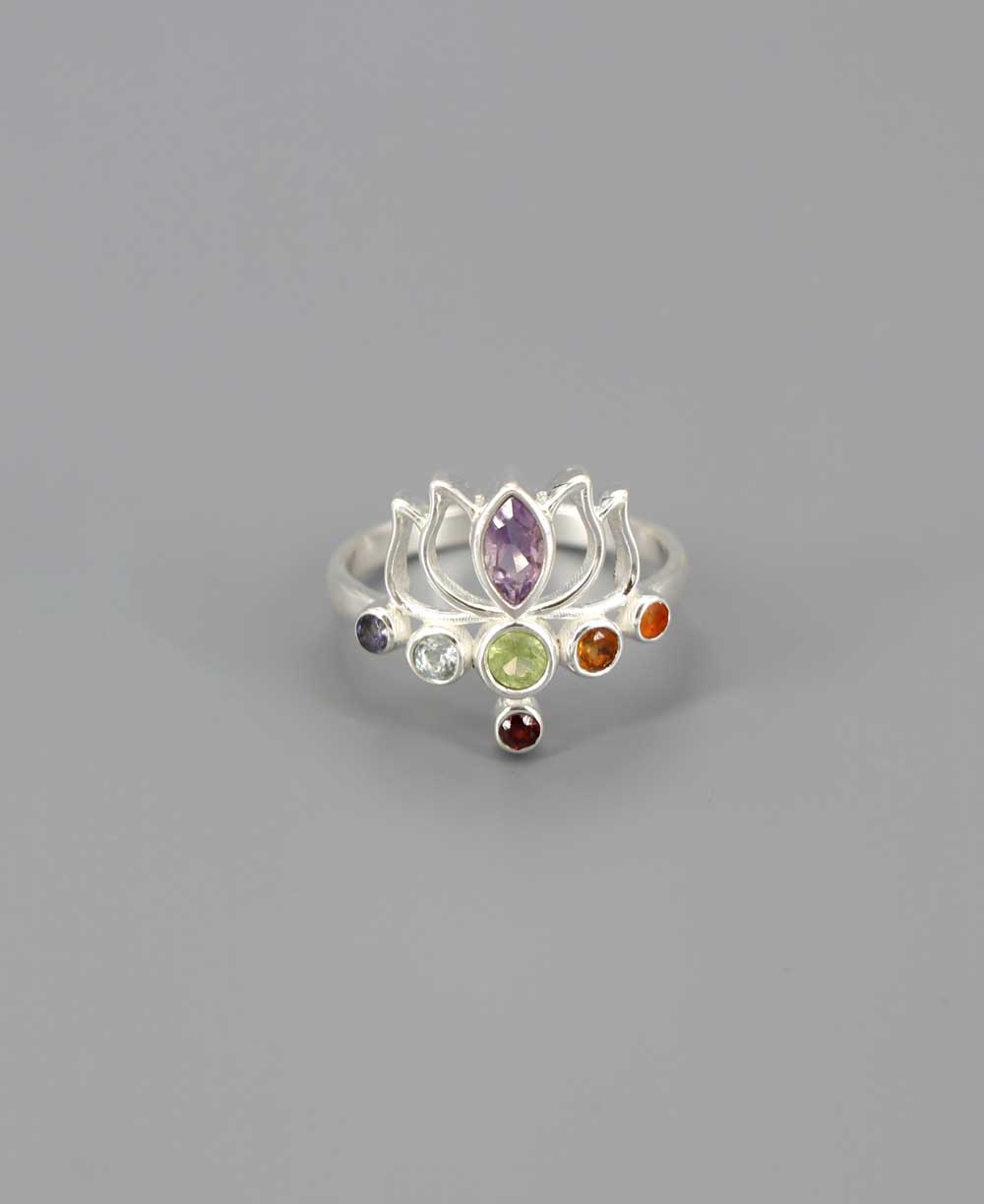 Sterling Silver Chakra Gemstone Dainty Lotus Ring - Rings 6
