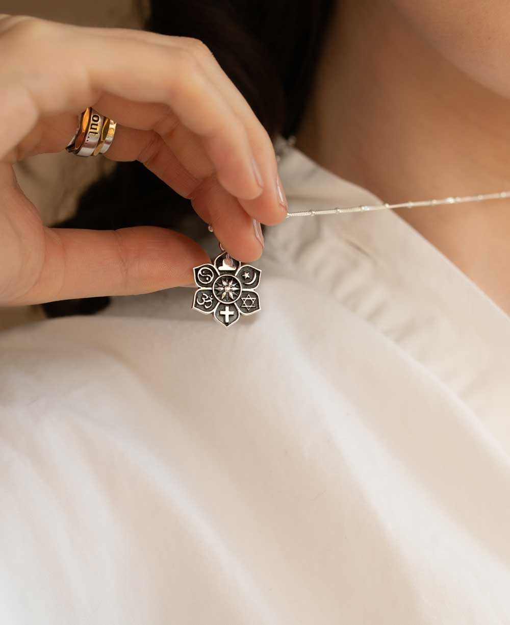 Sterling Silver Coexist Harmony Pendant, Lotus Design - Charms & Pendants