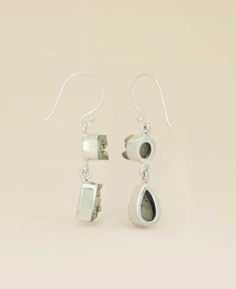 Sterling Silver Dual Pyrite Gemstone Dangle Earrings - Earrings