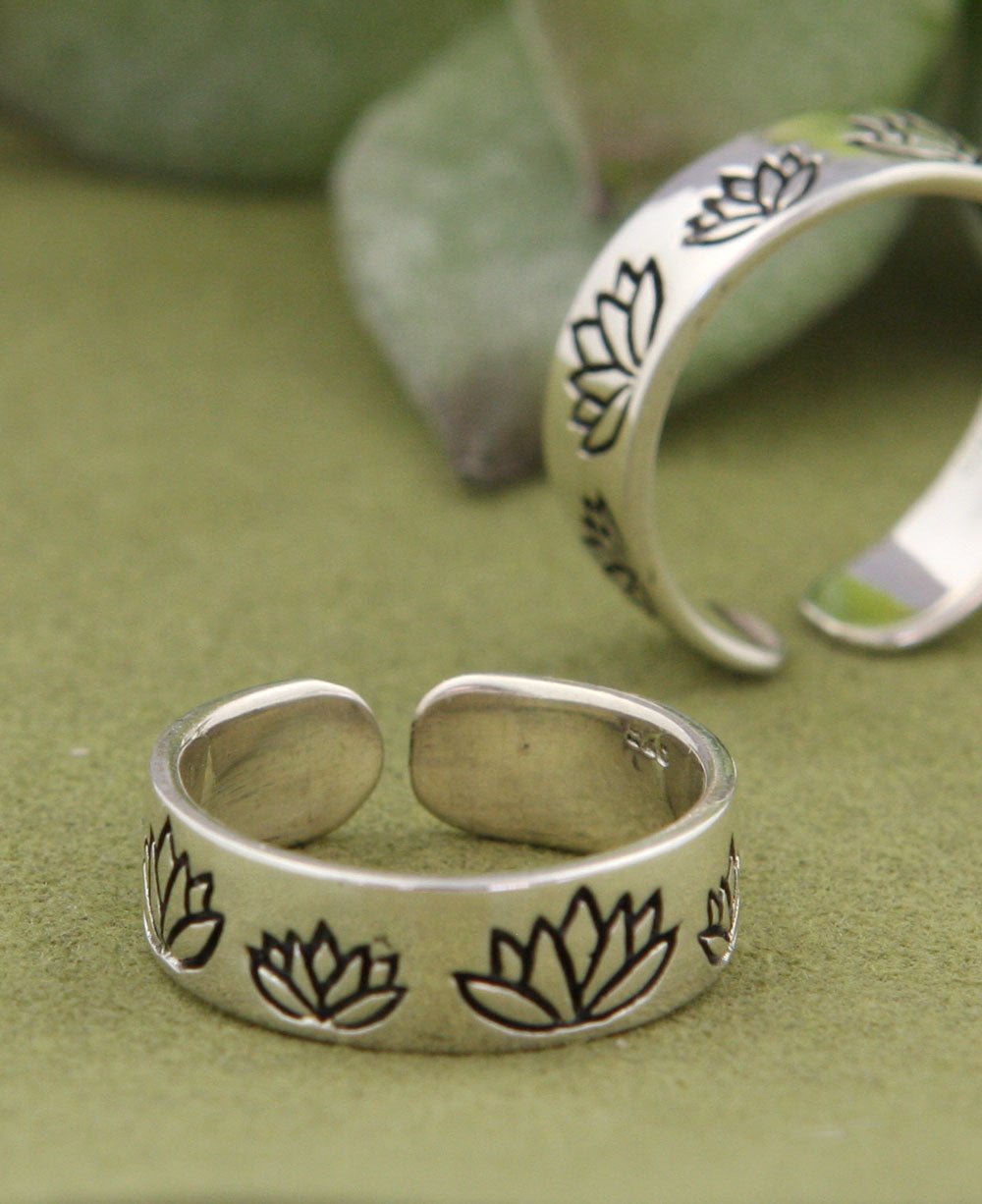 Sterling Silver Engraved Lotus Ring, Adjustable by Buddha Groove - -