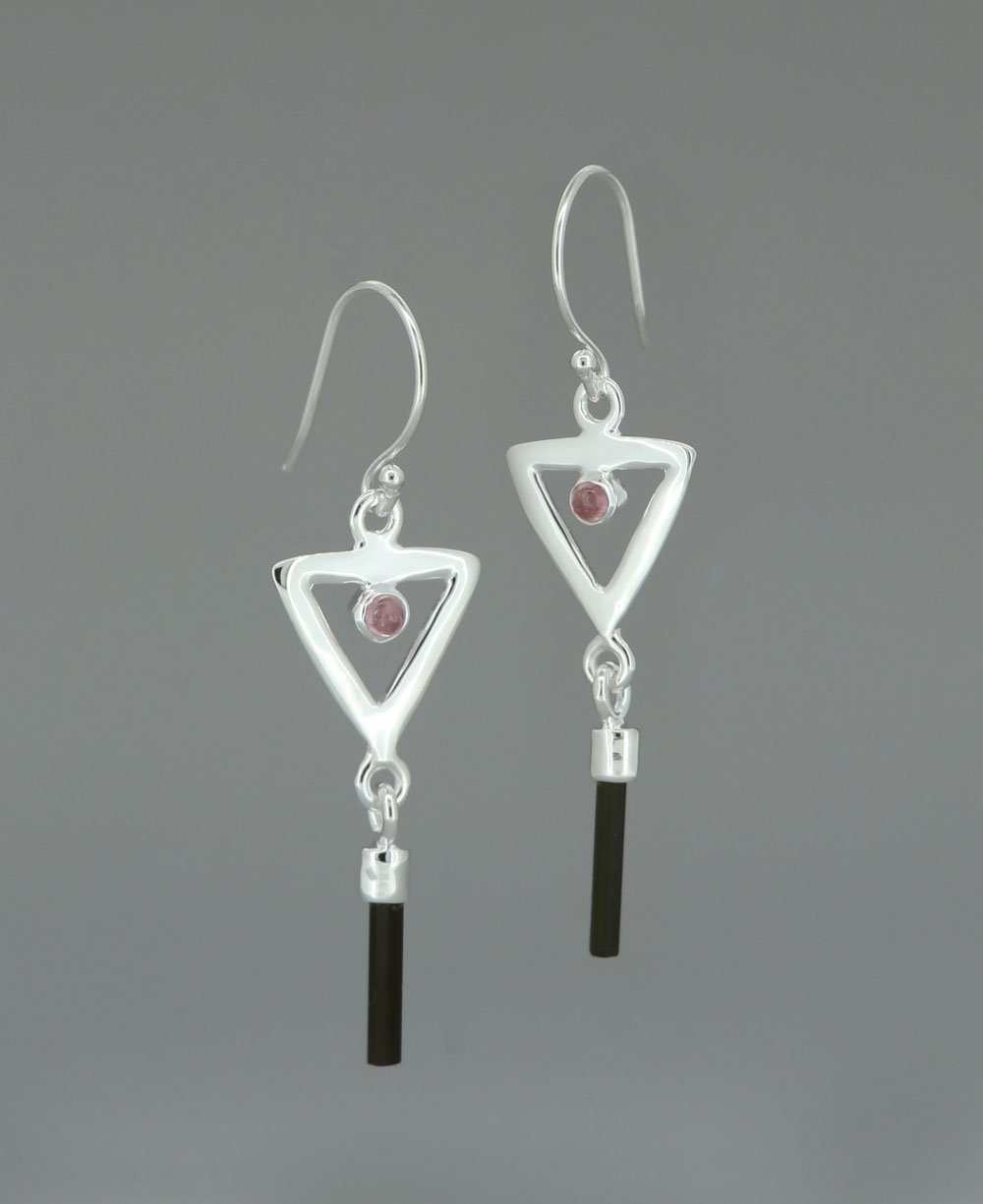 Sterling Silver Inverted Delta Shakti Earrings with Pink and Green Tourmaline - Earrings