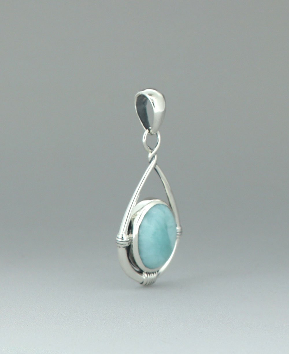 Sterling Silver Larimar Oval Pendant with Teardrop Twist Frame - Charms & Pendants