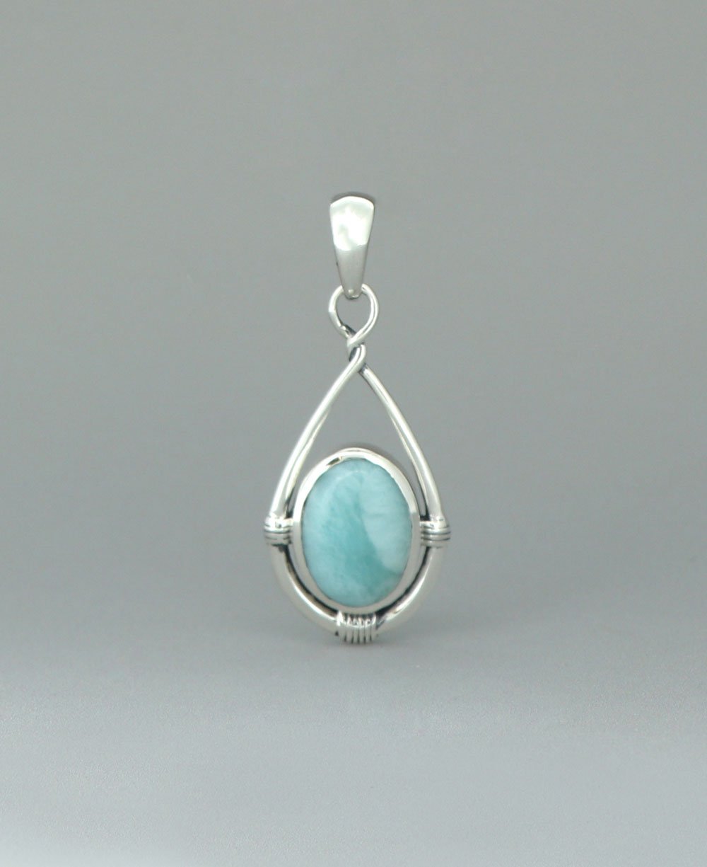 Sterling Silver Larimar Oval Pendant with Teardrop Twist Frame - Charms & Pendants