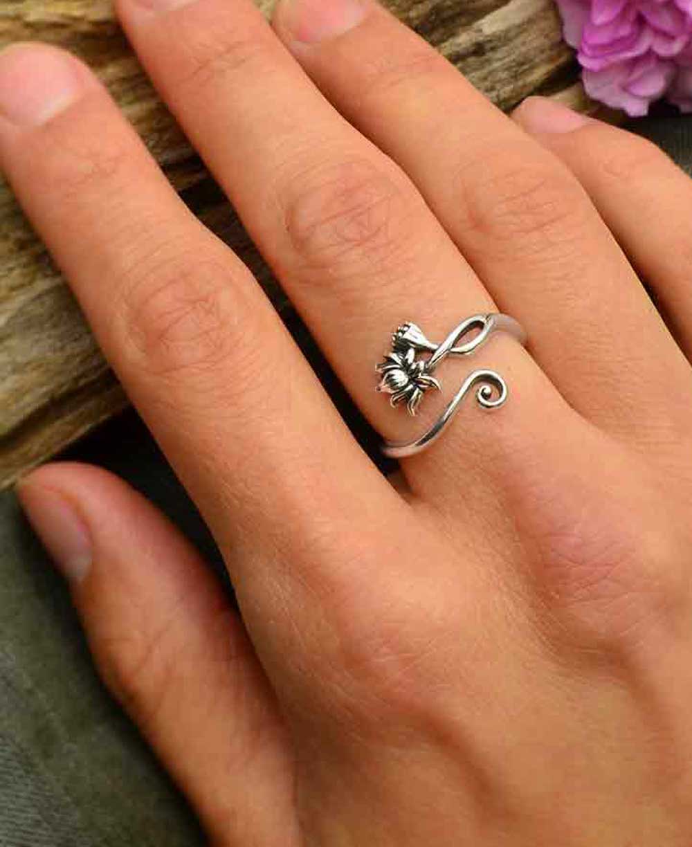 Sterling Silver Lotus Adjustable Ring - Rings