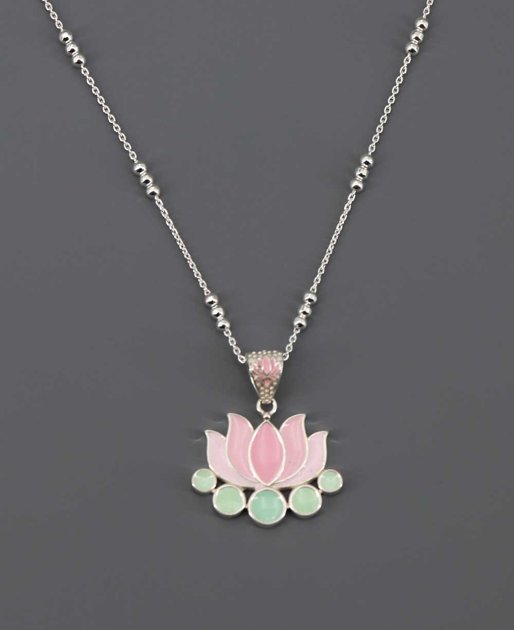 Sterling Silver Lotus Necklace with Enamel Work - Necklaces 16+2 Inches