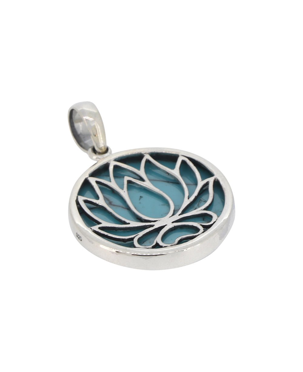 Sterling Silver Lotus Pendant with Reconstituted Turquoise - Charms & Pendants