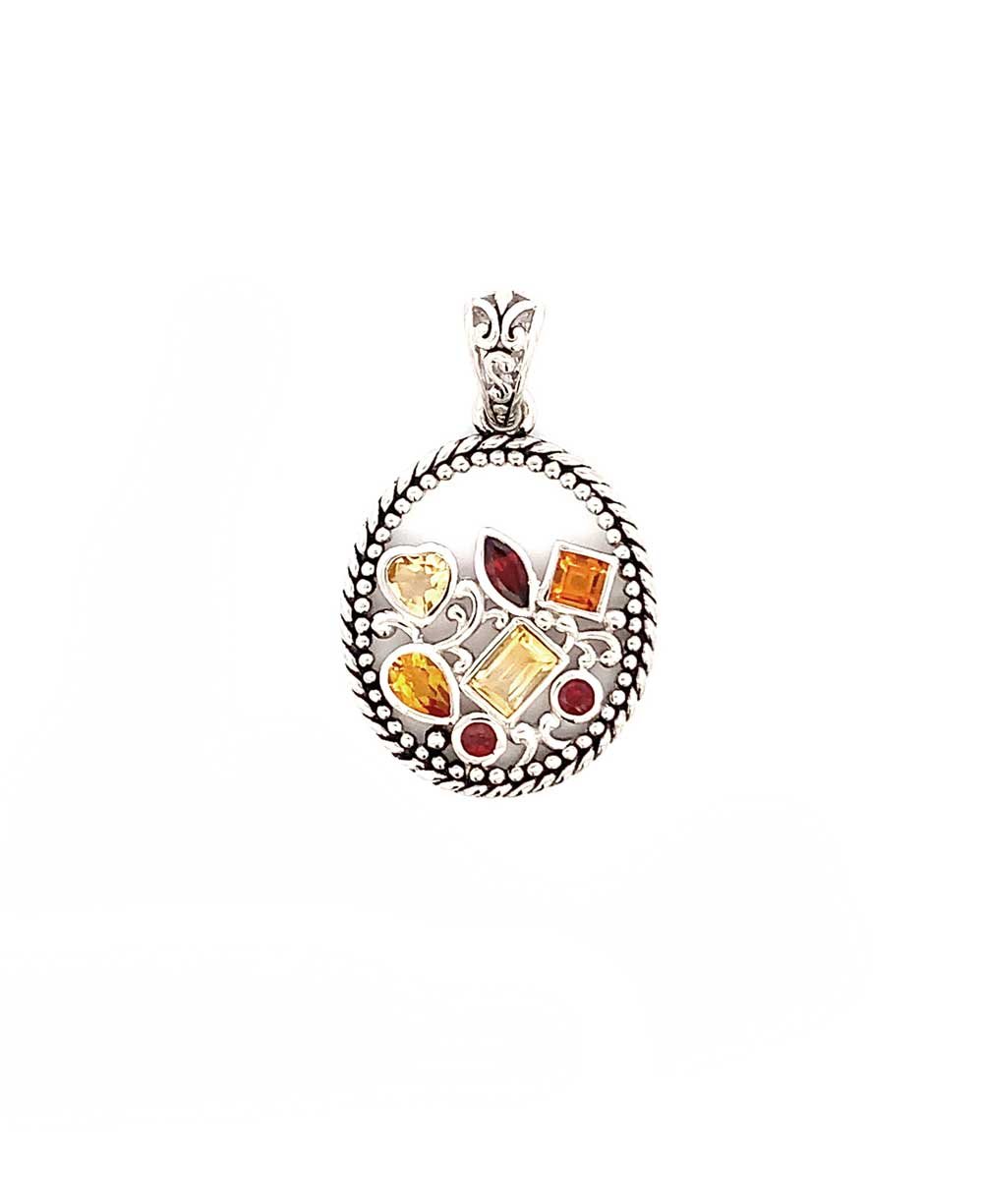 Sterling Silver Mixed Geometry Oval Gemstone Pendant - Charms & Pendants