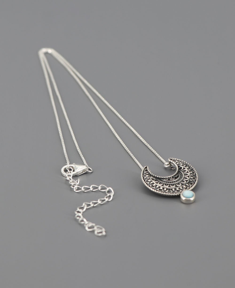 Sterling Silver Moon Phase Mandala Art Gemstone Inspirational Necklace - Necklaces Larimar