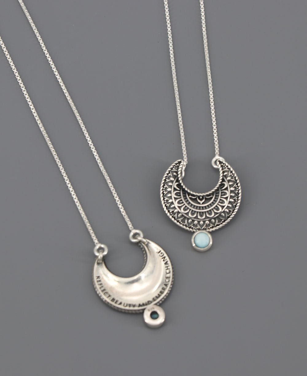 Sterling Silver Moon Phase Mandala Art Gemstone Inspirational Necklace - Necklaces Larimar