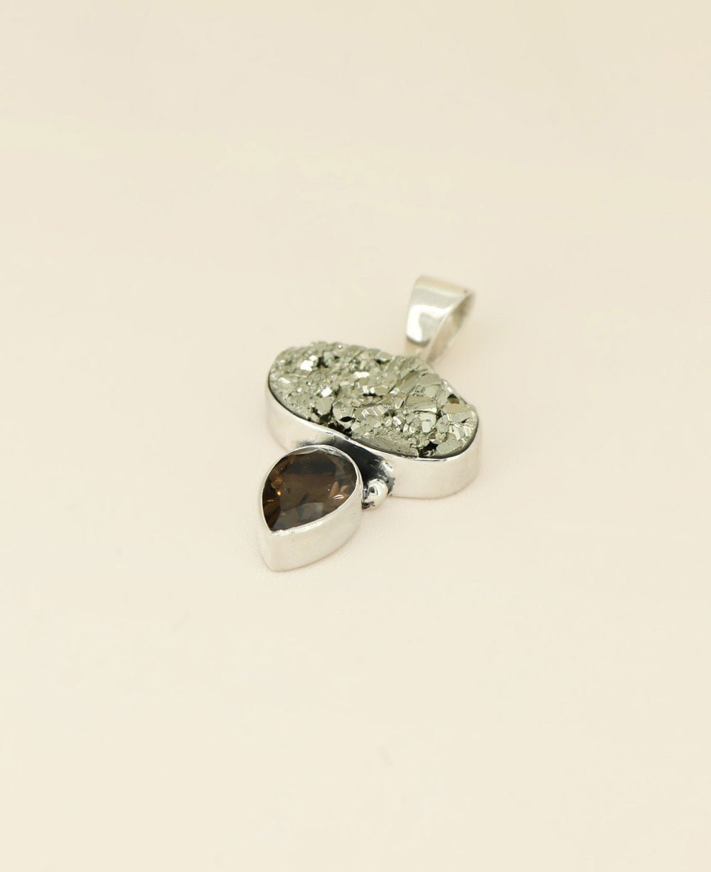 Sterling Silver Pyrite and Smoky Quartz Gemstone Pendant - Charms & Pendants