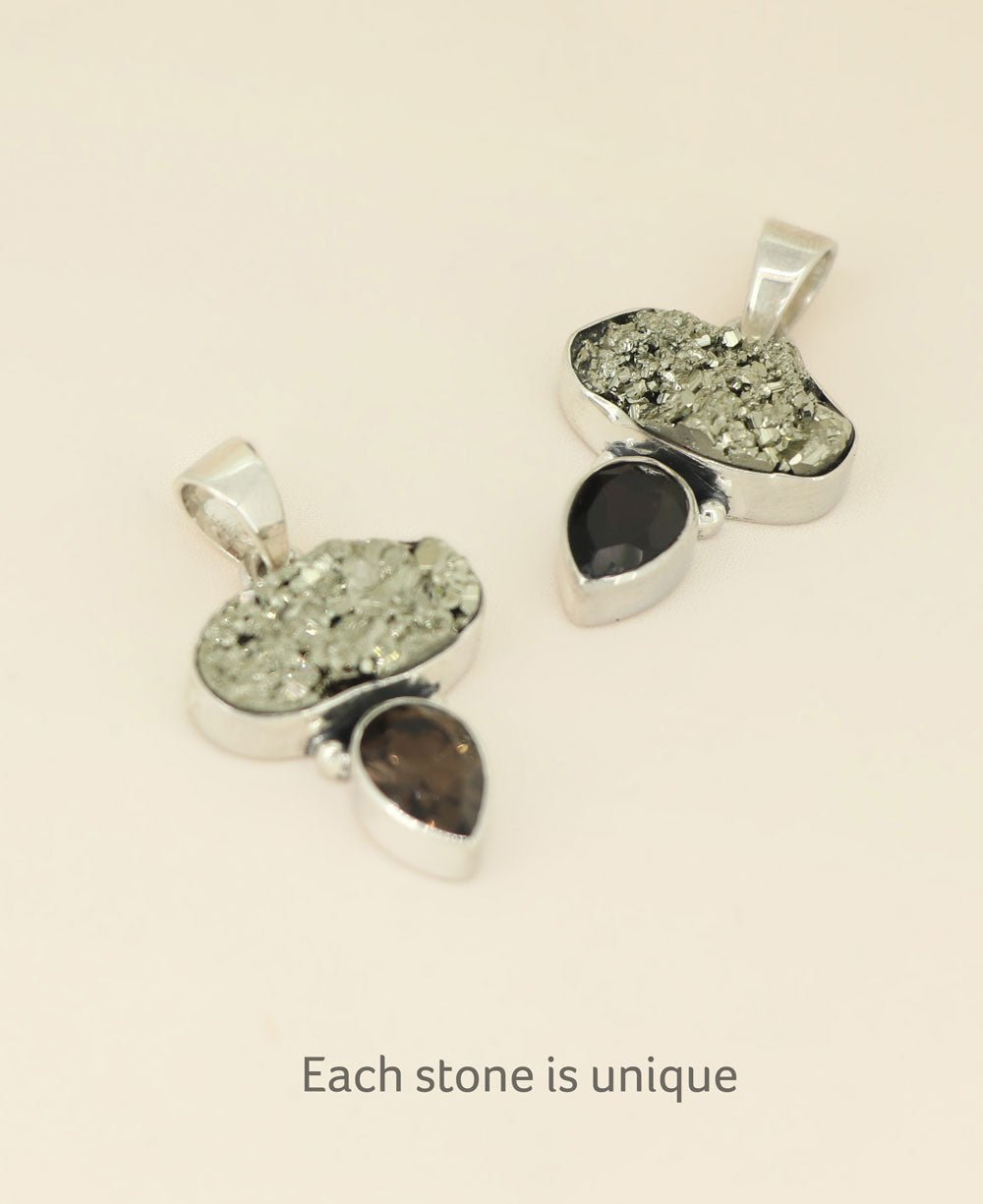 Sterling Silver Pyrite and Smoky Quartz Gemstone Pendant - Charms & Pendants