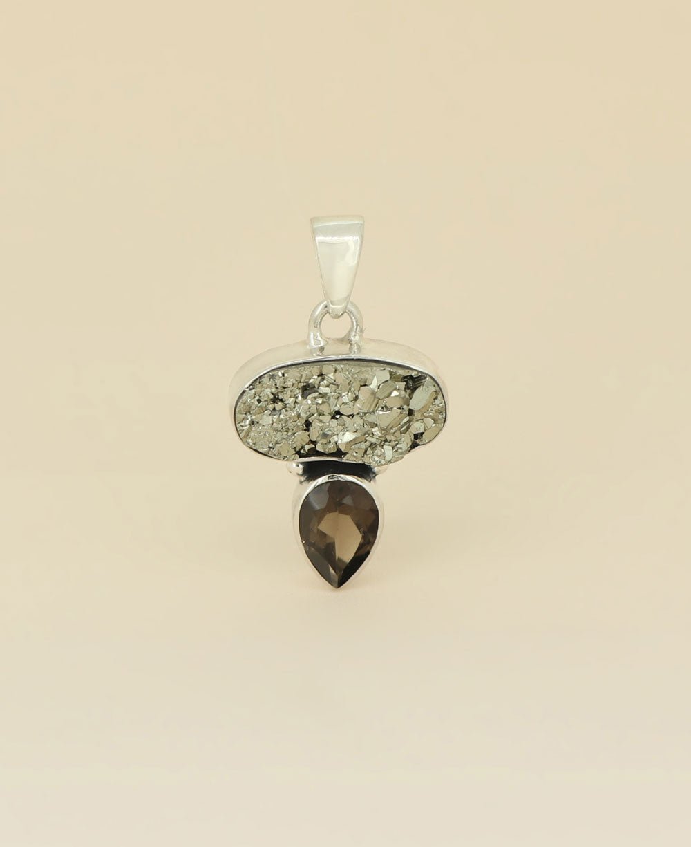 Sterling Silver Pyrite and Smoky Quartz Gemstone Pendant - Charms & Pendants