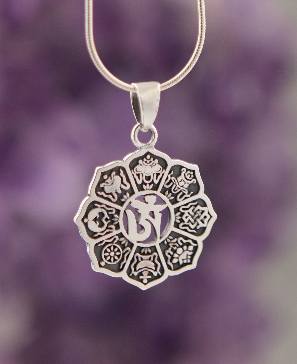 Sterling Silver Tibetan Om Pendant with Auspicious Symbols - Charms & Pendants