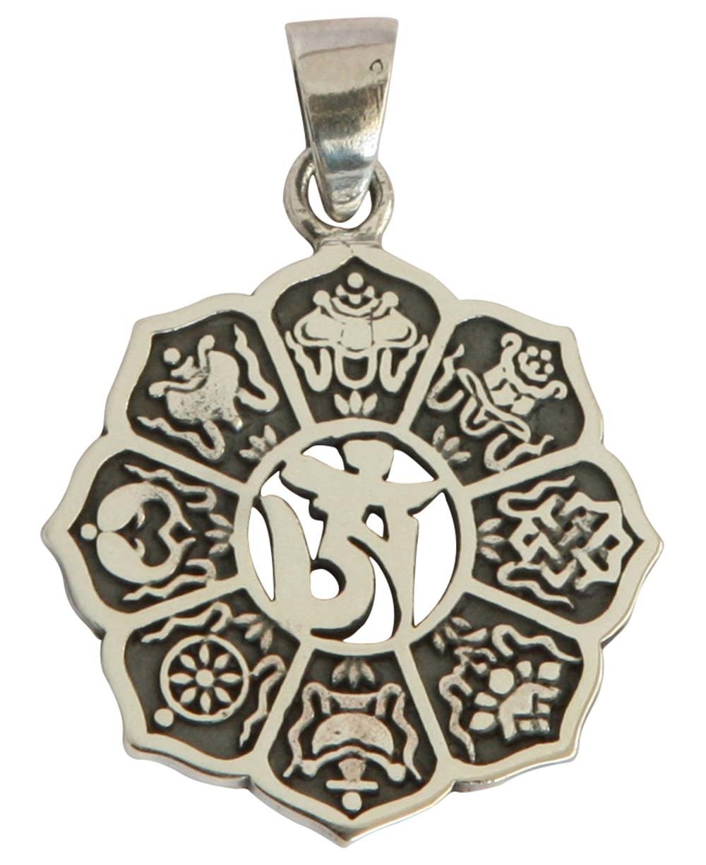 Sterling Silver Tibetan Om Pendant with Auspicious Symbols - Charms & Pendants