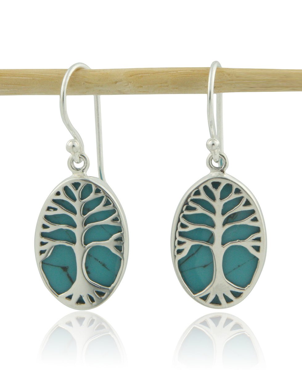 Sterling Silver Tree of Life Reconstituted Turquoise Earrings - Jewelry