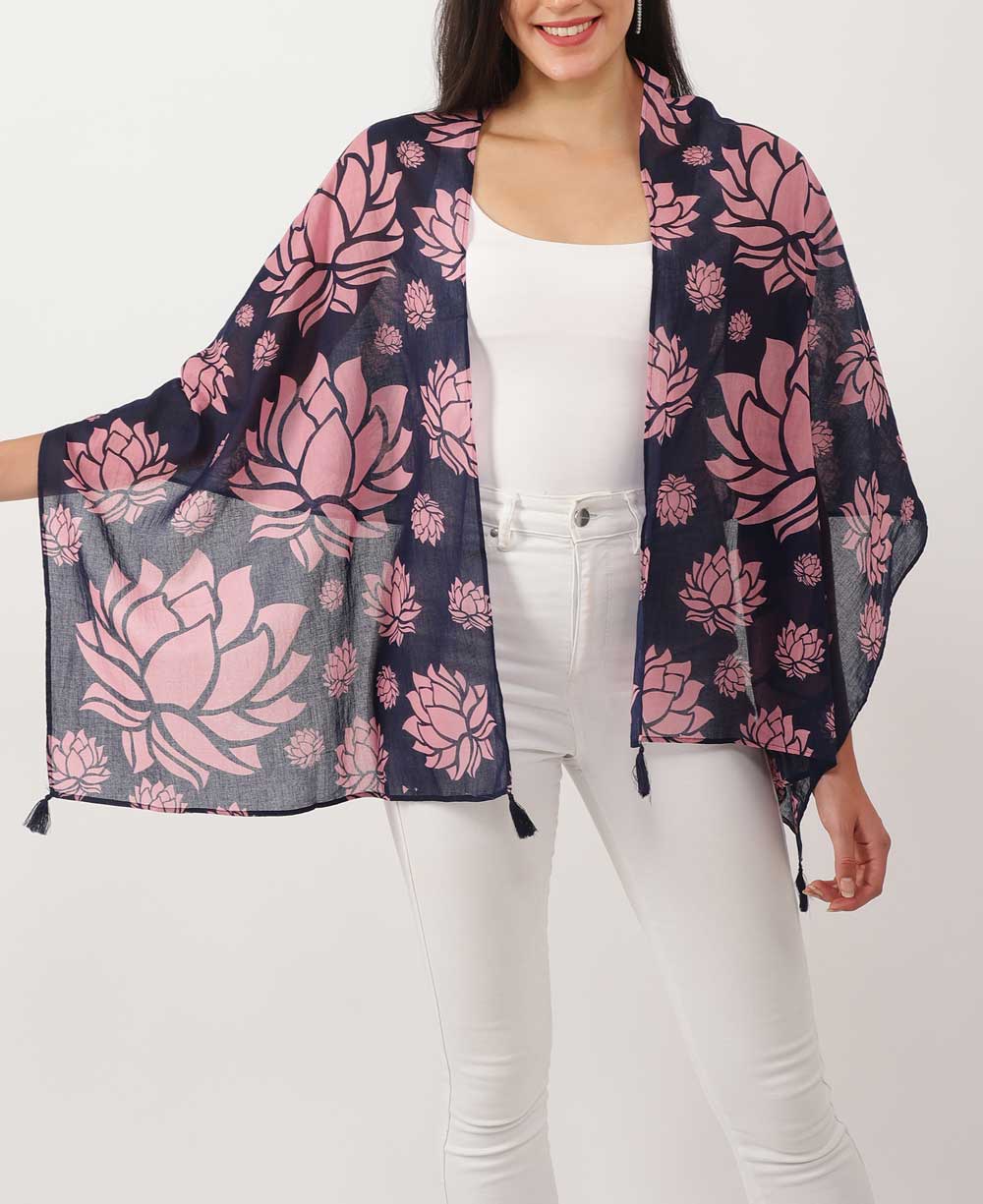 Story of 100 Lotuses Artistic Scarf - Scarves Black