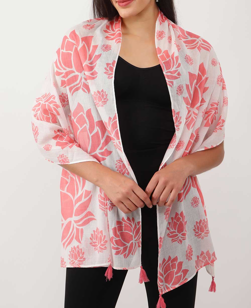 Story of 100 Lotuses Artistic Scarf - Scarves White