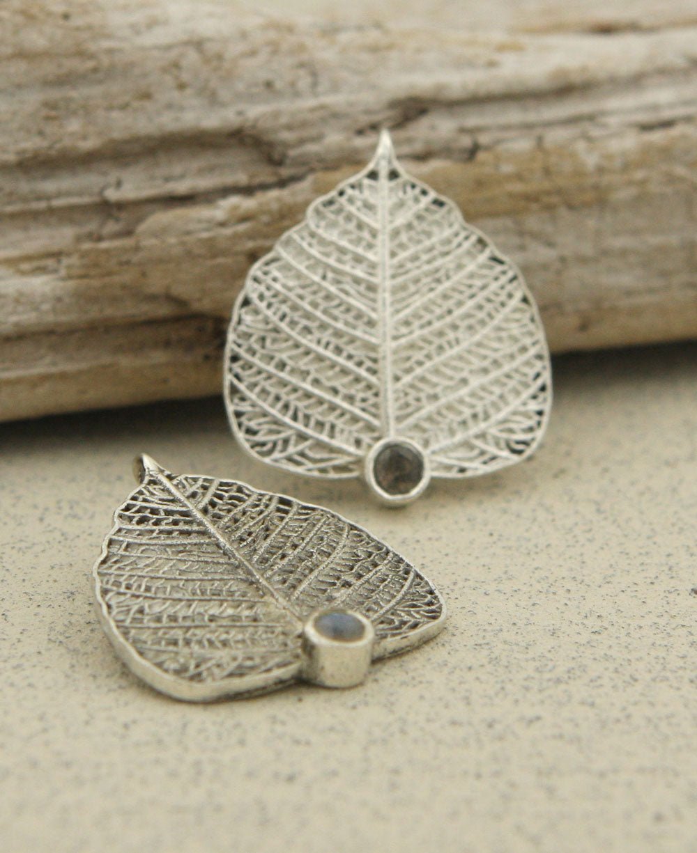 Textured Bodhi Leaf Pendant, Sterling Silver with Labradorite - Charms & Pendants