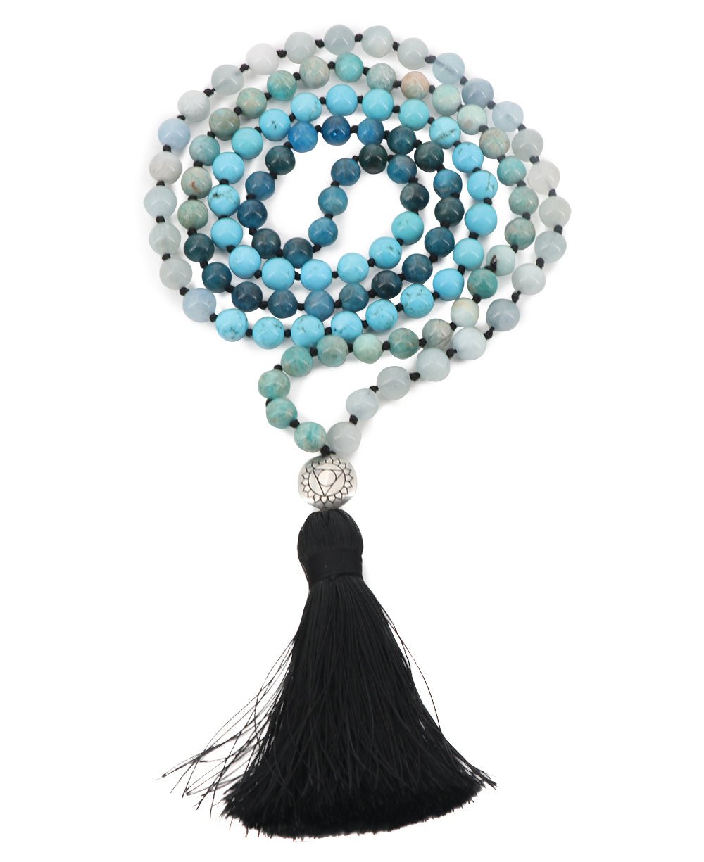 Throat Chakra Gemstones Knotted Mediation Mala, 108 Beads - Prayer Beads