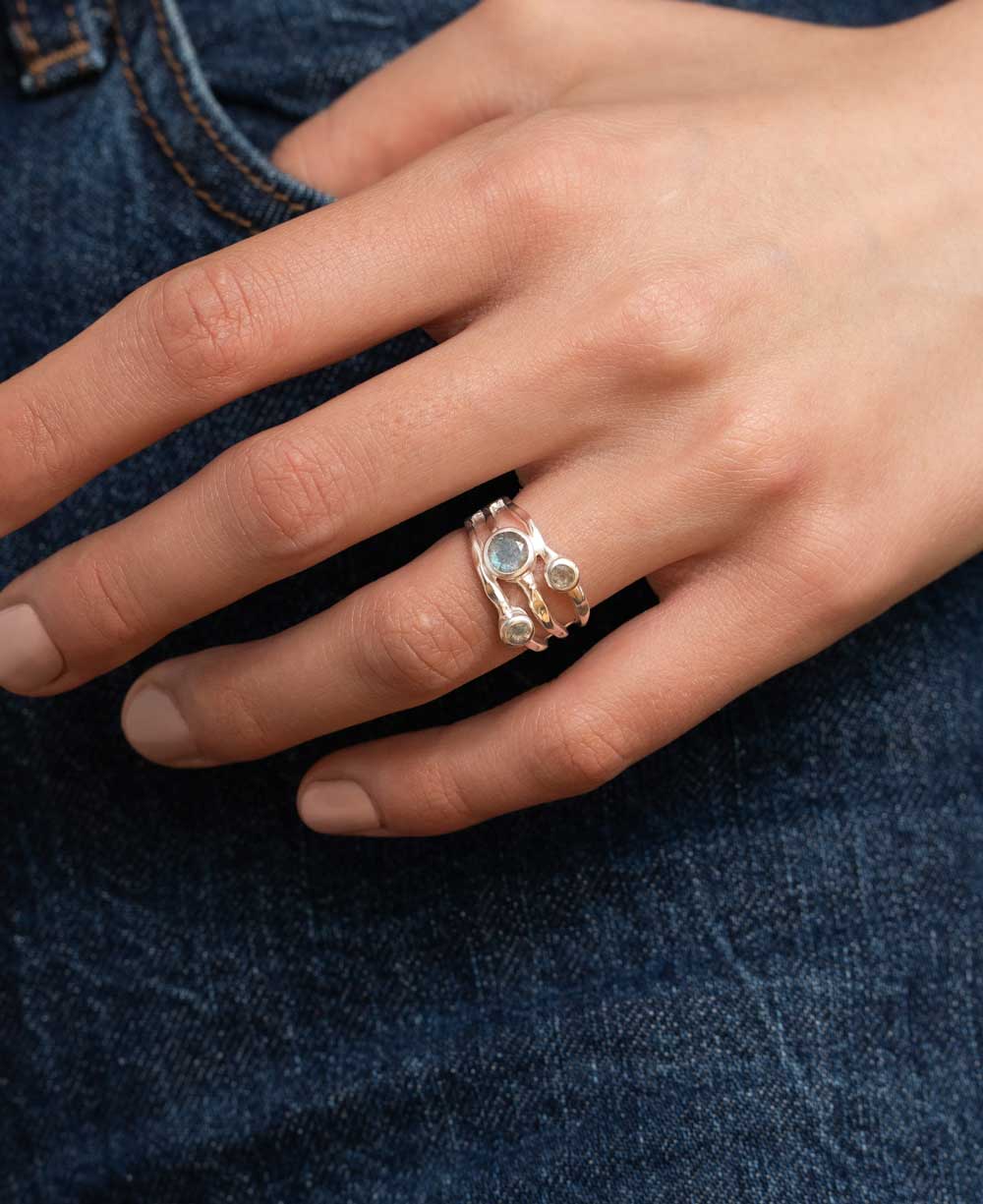 Triple Stone Labradorite Ring, Sterling Silver - Rings Size 6