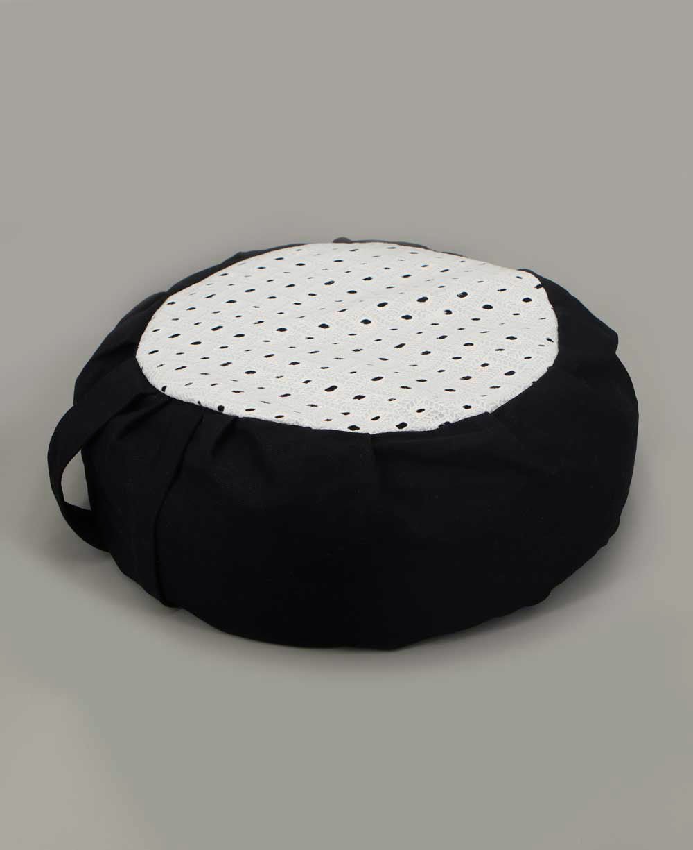 White Eyelet with Black Base Zafu Meditation Cushion - Massage Cushions