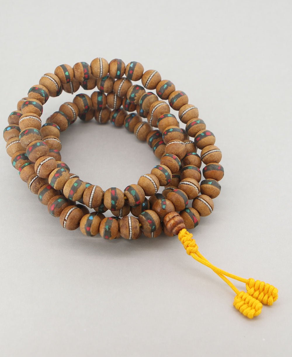 Wooden Mala with Coral and Turquoise Inlays, 108 Beads - Prayer Beads