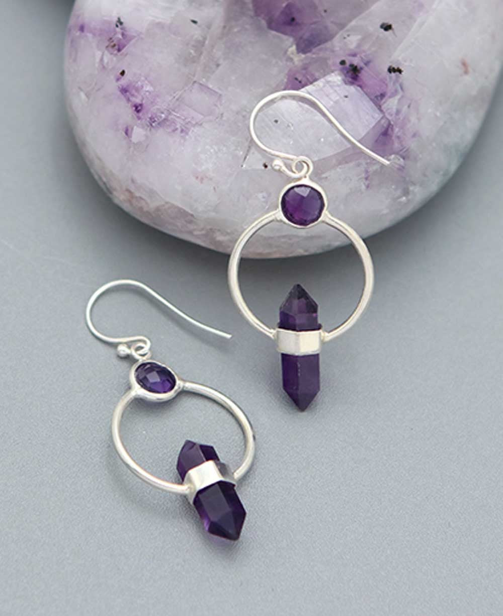Amethyst Point Earrings – Sterling Silver Geometric Dangle Design