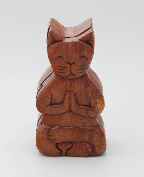 Hand Carved Namaste Cat Puzzle Box
