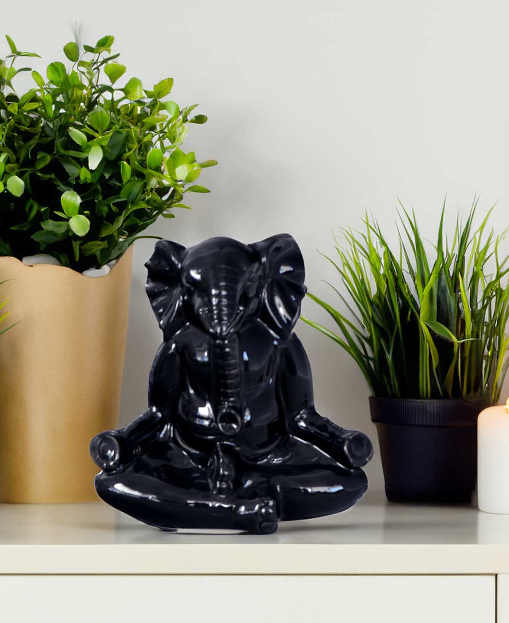 Sleek Black Ceramic Yoga Elephant Figurine