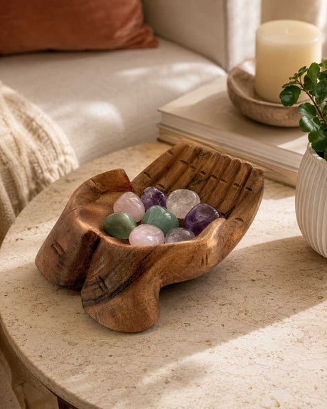 Hand-Carved Wooden Offering Hands Bowl — Balinese Cupped Palms Display Dish