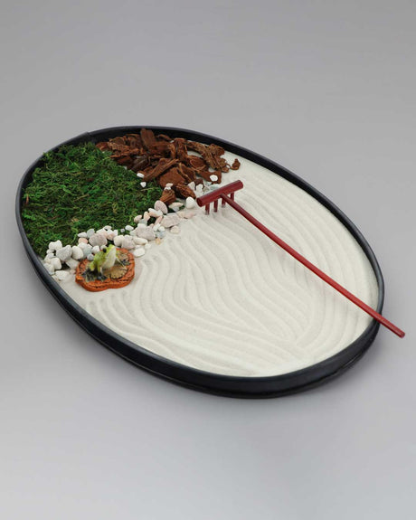 Miniature Frog Meditation Zen Garden with Moss, Bark, and Rake
