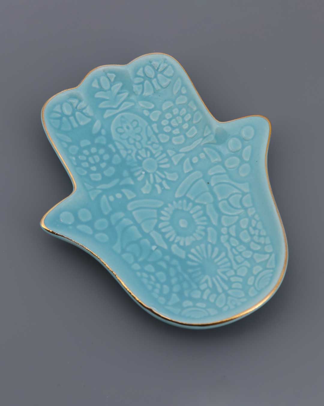 Turquoise Ceramic Hamsa Hand Dish – Embossed Floral Trinket Tray