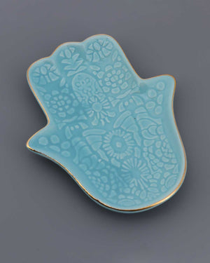 Turquoise Ceramic Hamsa Hand Dish – Embossed Floral Trinket Tray