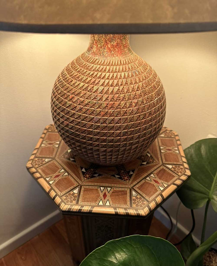 Artisan-made Round Ceramic Table Lamp with Geometric Etching, Nicaragua
