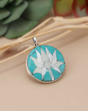 Mother of Pearl and Sterling Silver Turquoise Lotus Pendant