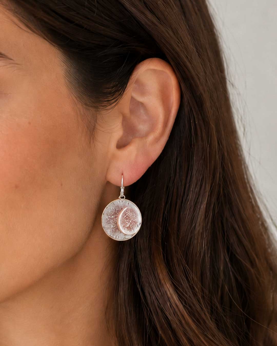 Crescent Moon Disc Earrings — Textured Silver-Plated Bronze