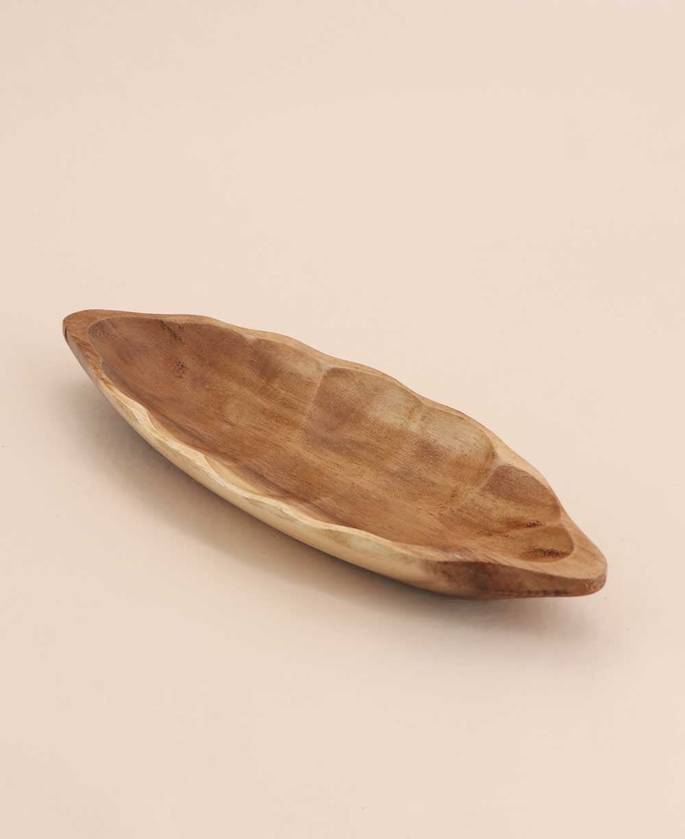 Acacia Wood Carved Leaf Shaped Trinket Dish - Decor