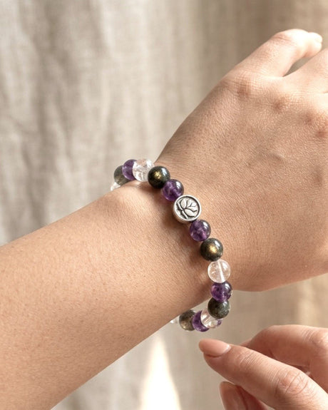 Amethyst, Labradorite & Clear Quartz Lotus Stretch Bracelet - Bracelet