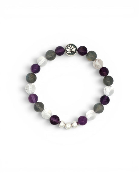 Amethyst, labradorite, and clear quartz lotus stretch bracelet laid flat on white background, top-down view