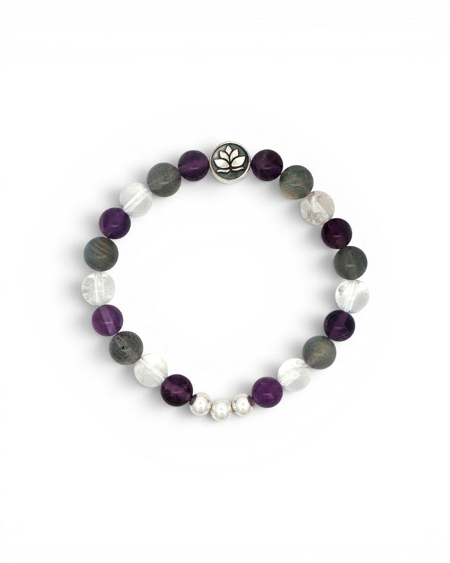 Amethyst, labradorite, and clear quartz lotus stretch bracelet laid flat on white background, top-down view